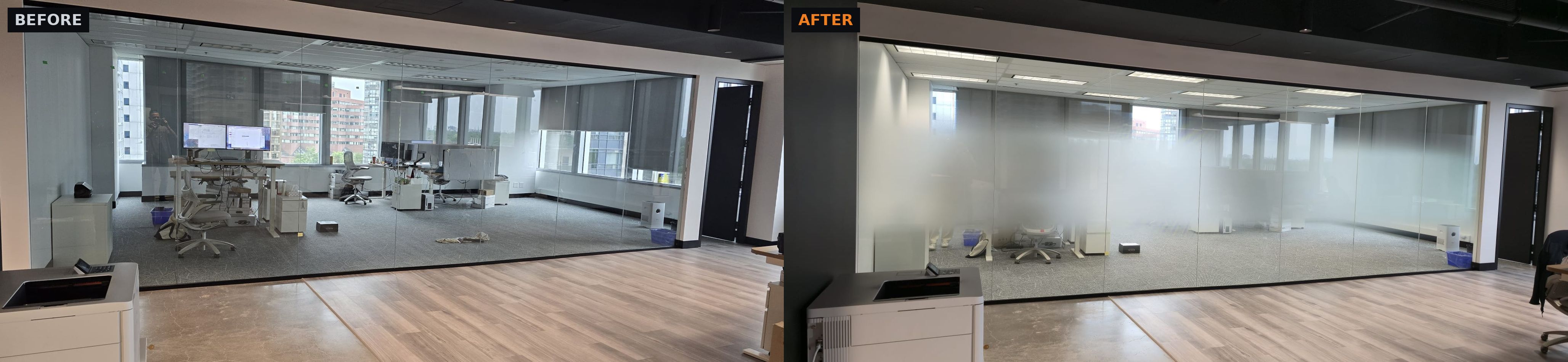 Office glass partition before and after installing a frosted privacy band